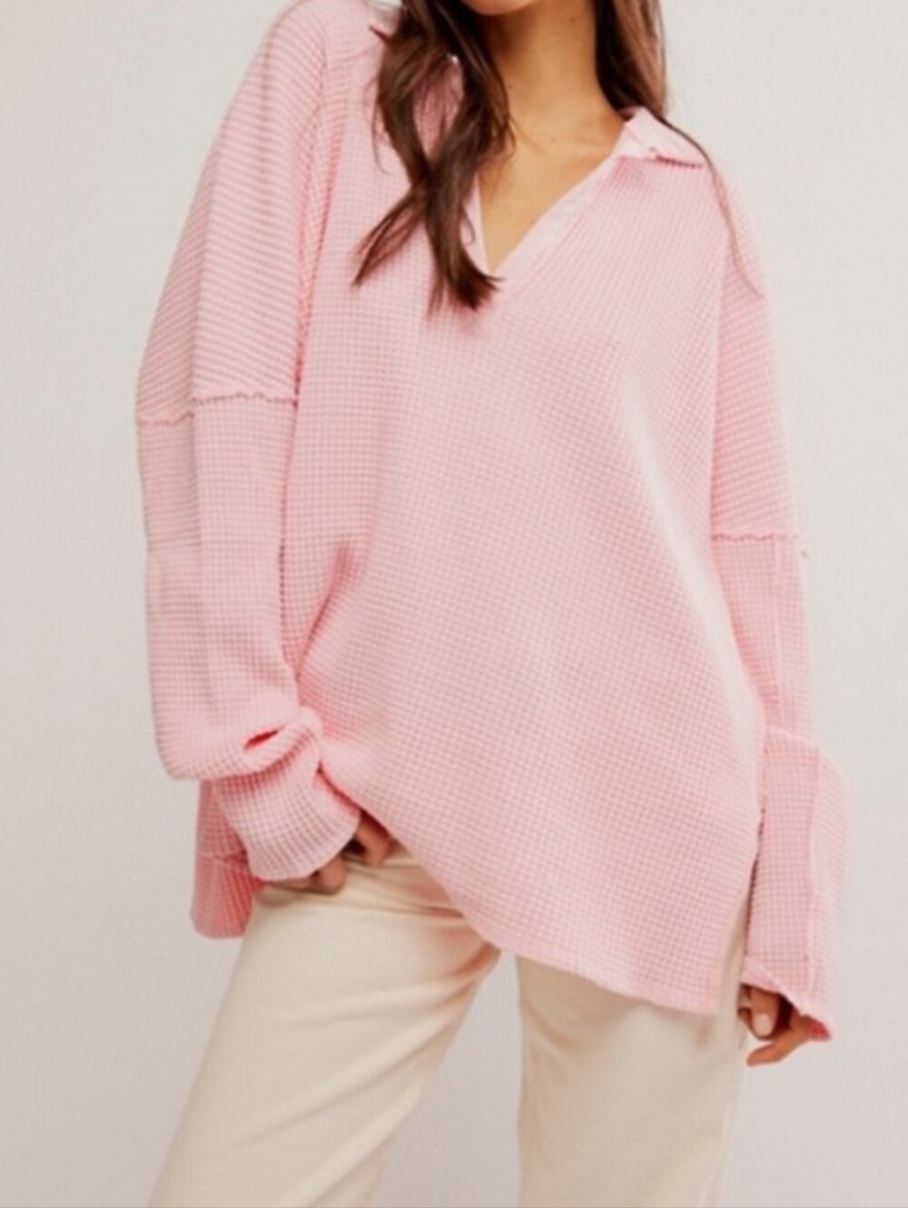 We The Free Oversized Pink Waffle-Knit V-Neck Pullover